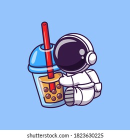 Cute Astronaut Holding Boba Milk Tea Cartoon Vector Icon Illustration. Space Food And Drink Icon Concept Isolated Premium Vector. Flat Cartoon Style