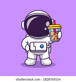 Cute Astronaut Holding Boba Milk Tea Cartoon Vector Icon Illustration. Science Food And Drink Icon Concept Isolated Premium Vector. Flat Cartoon Style