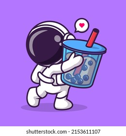 Cute Astronaut Holding Boba Milk Tea Drink Shape Cartoon Vector Icon Illustration. Science Technology Icon Concept Isolated Premium Vector. Flat Cartoon Style