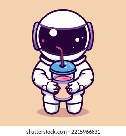 Cute astronaut holding boba milk tea cartoon vector icon illustration. Science food and drink icon concept isolated premium vector. Flat cartoon style.