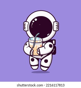 Cute astronaut holding boba milk tea cartoon vector icon illustration. Science food and drink icon concept isolated premium vector. Flat cartoon style.