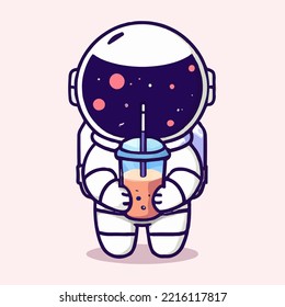 Cute astronaut holding boba milk tea cartoon vector icon illustration. Science food and drink icon concept isolated premium vector. Flat cartoon style.