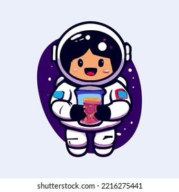 Cute astronaut holding boba milk tea cartoon vector icon illustration. Science food and drink icon concept isolated premium vector. Flat cartoon style.