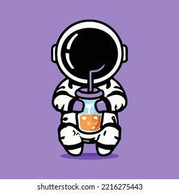 Cute astronaut holding boba milk tea cartoon vector icon illustration. Science food and drink icon concept isolated premium vector. Flat cartoon style.