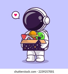 Cute Astronaut Holding Holding Box With Space Toys  Cartoon Vector Icon Illustration. Science Technology Icon Concept Isolated Premium Vector. Flat Cartoon Style