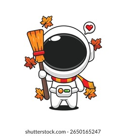 Astronauta bonito segurando vassoura no dia de outono desenho animado vetor ilustração
