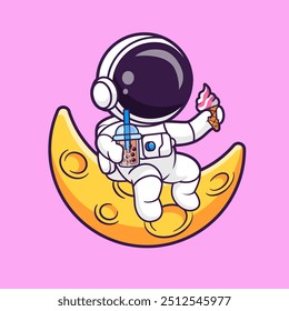 Astronauta Bonito Segurando Chá De Leite De Bolha E Cone De Sorvete Na Ilustração Do Ícone Do Vetor De Desenho Animado Da Lua. Science Drink Icon Concept Isolado Premium Vetor. Estilo de Desenho Animado Plano