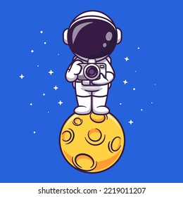 Cute Astronaut Holding Camera On Moon Cartoon Vector Icon Illustration. Science Technology Icon Concept Isolated Premium Vector. Flat Cartoon Style