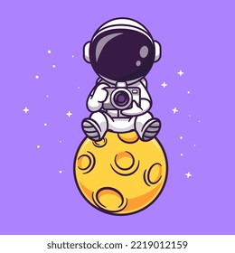 Cute Astronaut Holding Camera On Moon Cartoon Vector Icon Illustration. Science Technology Icon Concept Isolated Premium Vector. Flat Cartoon Style