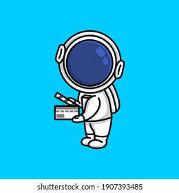 Cute astronaut holding up a clapboard movie film cartoon illustration