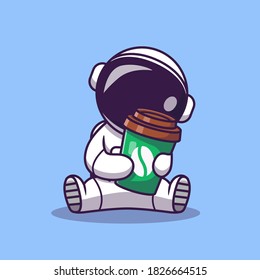 Cute Astronaut Holding Coffee Cup Cartoon Vector Icon Illustration. Science Food And Drink Icon Concept Isolated Premium Vector. Flat Cartoon Style