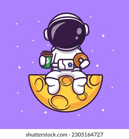 Cute Astronaut Holding Coffee And Donut On Moon Cartoon Vector Icon Illustration. Science Food Icon Concept Isolated Premium Vector. Flat Cartoon Style