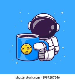 Cute Astronaut Holding Cup Coffee Space Cartoon Vector Icon Illustration. Science Drink Icon Concept Isolated Premium Vector. Flat Cartoon Style