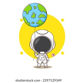 Cute astronaut holding earth balloon cartoon character. Space concept design. Hand drawn flat adorable chibi vector illustration. Isolated white background