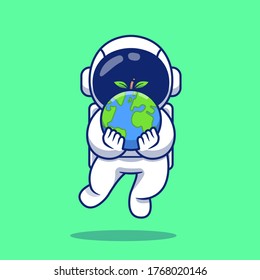 Cute Astronaut Holding Earth Cartoon Vector Icon Illustration. Space Icon Concept Isolated Premium Vector. Flat Cartoon Style 