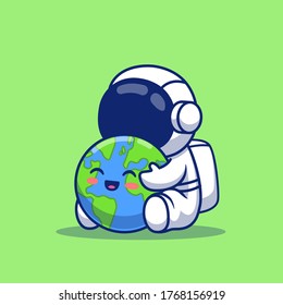 Cute Astronaut Holding Earth Cartoon Vector Icon Illustration. Space Icon Concept Isolated Premium Vector. Flat Cartoon Style 