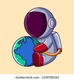 Cute Astronaut Holding Earth Cartoon Vector Illustration. Cartoon Style Icon or Mascot Character Vector.