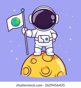 Cute Astronaut Holding Earth Flag On Moon Cartoon Vector Icon Illustration. Science Technology Icon Concept Isolated Premium Vector. Flat Cartoon Style