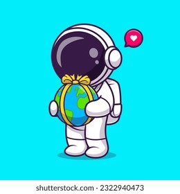 Cute Astronaut Holding Earth Globe Gift Cartoon Vector Icon Illustration. Science Holiday Icon Concept Isolated Premium Vector. Flat Cartoon Style