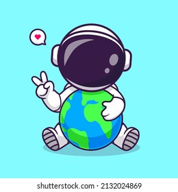 Cute Astronaut Holding Earth With Peace Sign Cartoon Vector Icon Illustration. Science Technology Icon Concept Isolated Premium Vector. Flat Cartoon Style