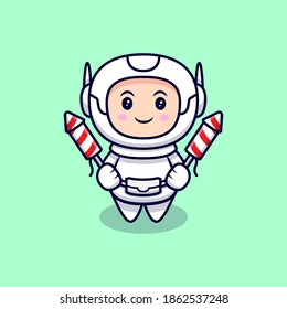 Cute Astronaut Holding Fireworks Cartoon Vector Icon Illustration. Flat Cartoon Style