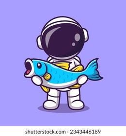 Cute Astronaut Holding Fish Cartoon Vector Icon Illustration. Science Animal Icon Concept Isolated Premium Vector. Flat Cartoon Style