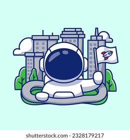 Bandera De Astronauta Aburrida Con Ilustración Del Icono Del Vector De Caricaturas De La Ciudad. Concepto de icono de la tecnología de la ciencia Vector Premium aislado. Estilo de dibujo plano