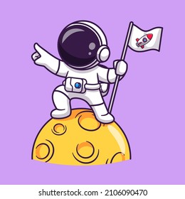 Cute Astronaut Holding Flag On Moon Cartoon Vector Icon Illustration Science Technology Icon Concept Isolated Premium Vector. Flat Cartoon Style