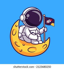 Cute Astronaut Holding Flag On Moon Cartoon Vector Icon Illustration. Science Technology Icon Concept Isolated Premium Vector. Flat Cartoon Style