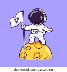 Cute Astronaut Holding Flag On Moon Cartoon Vector Icon Illustration. Science Technology Icon Concept Isolated Premium Vector. Flat Cartoon Style