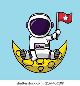 Cute Astronaut Holding Flag On Moon Cartoon Vector Icon Illustration. Science Technology Icon Concept Isolated Premium Vector