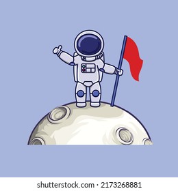 Cute Astronaut Holding Flag On The Moon. Cartoon Vector Icon Illustration. Flat Vector character Space Science and technology Icon Concept.