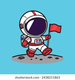 Cute Astronaut Holding Flag On Moon Cartoon Vector Icon Illustration Science Technology Icon Concept Isolated Premium Vector. Flat Cartoon Style