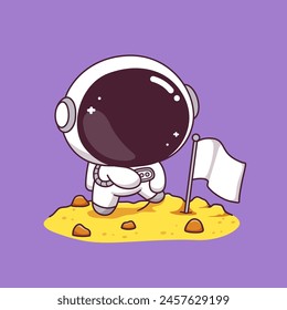 Cute astronaut holding flag on the moon mascot cartoon