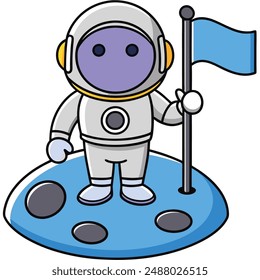 Cute Astronaut Holding Flag on Moon Cartoon Vector Icon