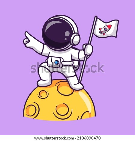 Cute Astronaut Holding Flag On Moon Cartoon Vector Icon Illustration Science Technology Icon Concept Isolated Premium Vector. Flat Cartoon Style