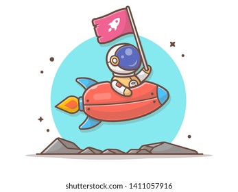 Cute Astronaut Holding Flag With Riding Rocket in Space Vector Illustration. Flat Cartoon Style Suitable for Web Landing Page,  Banner, Flyer, Sticker, Wallpaper, Card, Background