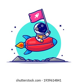 Cute Astronaut Holding Flag With Riding Rocket in Space Cartoon Vector Icon Illustration. Science Technology Icon Concept Isolated Premium Vector. Flat Cartoon Style