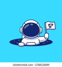 Cute Astronaut Holding Flag In Space Hole Cartoon Vector Icon Illustration. Space Icon Concept Isolated Premium Vector. Flat Cartoon Style 