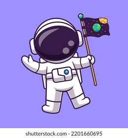Cute Astronaut Holding Flag In Space Cartoon Vector Icon Illustration. Science Technology Icon Concept Isolated Premium Vector. Flat Cartoon Style