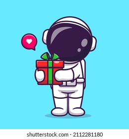 Cute Astronaut Holding Gift Box Cartoon Vector Icon Illustration. Science Holiday Icon Concept Isolated Premium Vector. Flat Cartoon Style