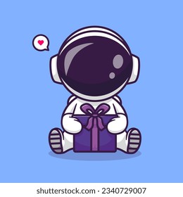 Cute Astronaut Holding Gift Box Cartoon Vector Icon Illustration. Science Holiday Icon Concept Isolated Premium Vector. Flat Cartoon Style