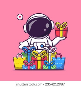 Ilustración del icono del vector de dibujos animados de la caja de regalo de Astronauta Cute Holding. Vector Premium Aislado De Icono De Festividad Científica. Estilo de dibujo plano