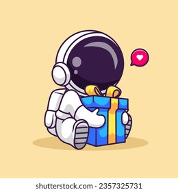 Cute Astronaut Holding Gift Box Cartoon Vector Icon Illustration. Science Holiday Icon Concept Isolated Premium Vector. Flat Cartoon Style