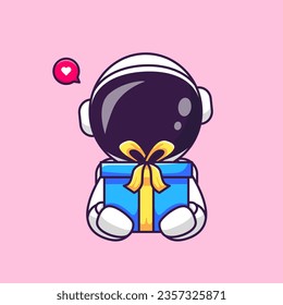 Cute Astronaut Holding Gift Box Cartoon Vector Icon Illustration. Science Holiday Icon Concept Isolated Premium Vector. Flat Cartoon Style