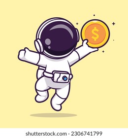 Cute Astronaut Holding Gold Coin Cartoon Vector Icon Illustration. Science Business Icon Concept Isolated Premium Vector. Flat Cartoon Style