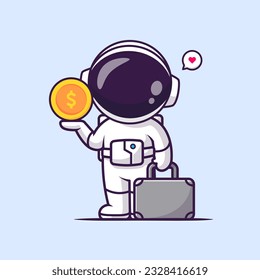 Cute Astronaut Holding Gold Coin and Suitcase Cartoon Vector Icon Illustration. Science Finance Icon Concept Isolated Premium Vector. Flat Cartoon Style