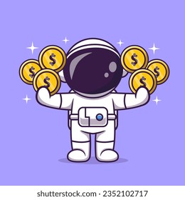 Cute Astronaut Holding Gold Coin Cartoon Vector Icon Illustration. Science Finance Icon Concept Isolated Premium Vector. Flat Cartoon Style