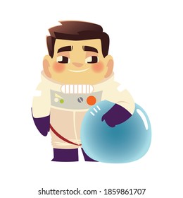 cute astronaut holding helmet cartoon space vector illustration