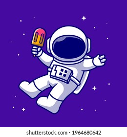 Cute Astronaut Holding Ice Cream Popsicle Cartoon Vector Icon Illustration. Science Food Icon Concept Isolated Premium Vector. Flat Cartoon Style